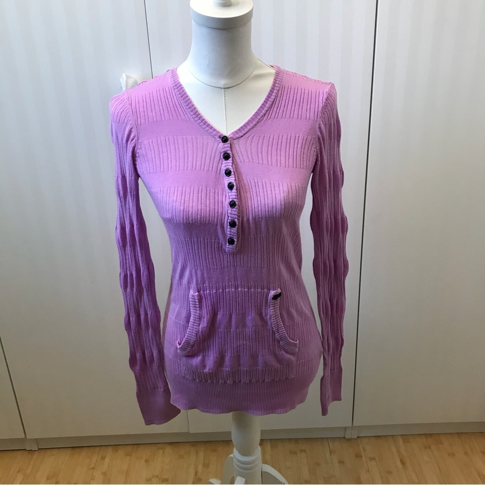 Fox purple v-neck sweater buttons pouch pocket Size L